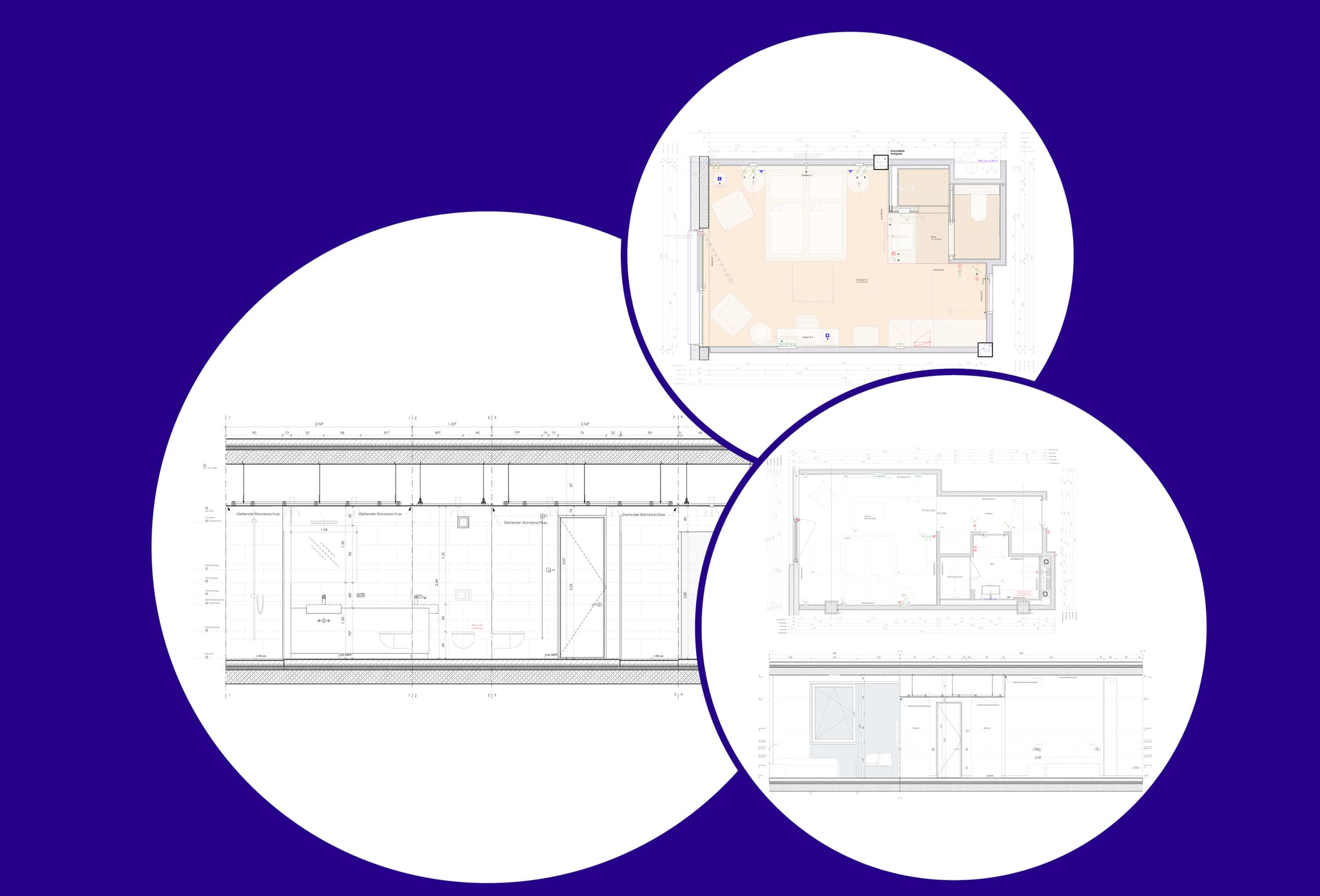 Drawing sheet in three round frames with room plans, bathroom section and wall elevations, on violet ground
