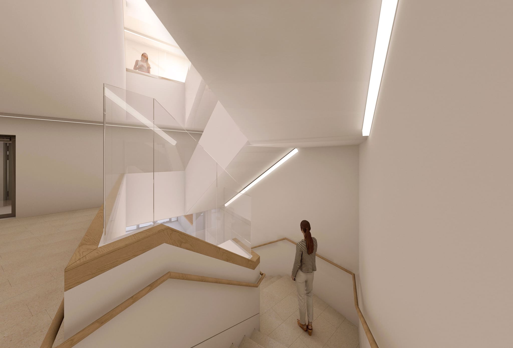 Visualisation of a pale stairwell with timber handrails, glass balustrades, continuous light strips and two people on the steps