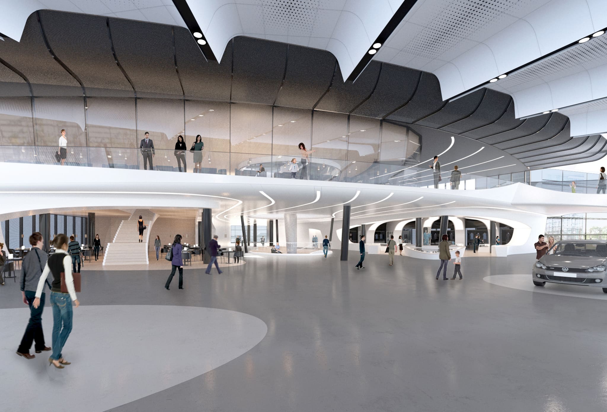 Rendering of a wide passage with curved white ceiling forms, lines of light, glass-balustraded gallery, staircase, shop and visitors
