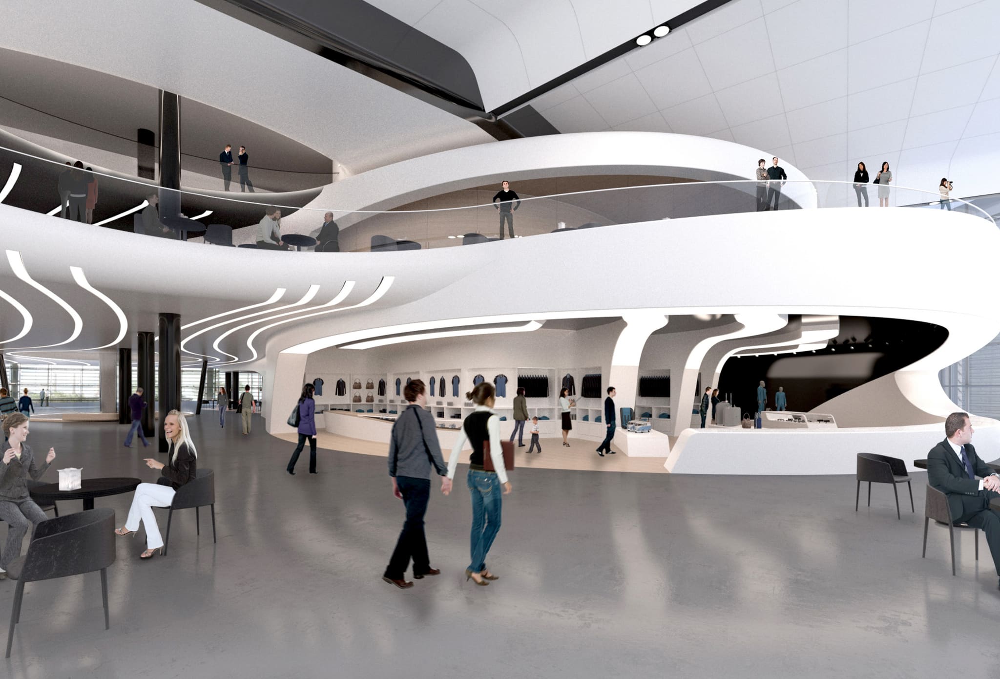 Rendering with café tables in the foreground, curved white gallery, VW shop with clothing rails and ceiling light lines
