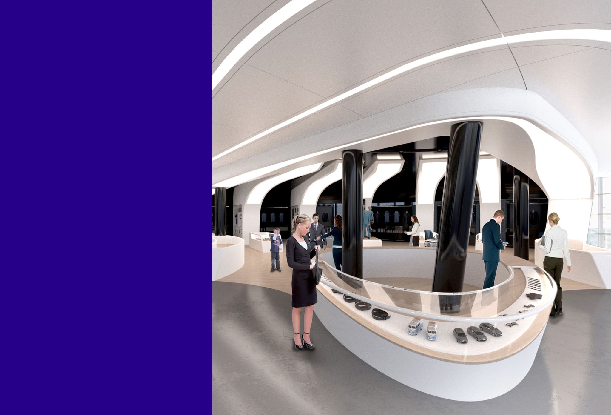 Rendering of a curved white sales counter with model cars and glasses, black columns, clothing rails behind, blue field left