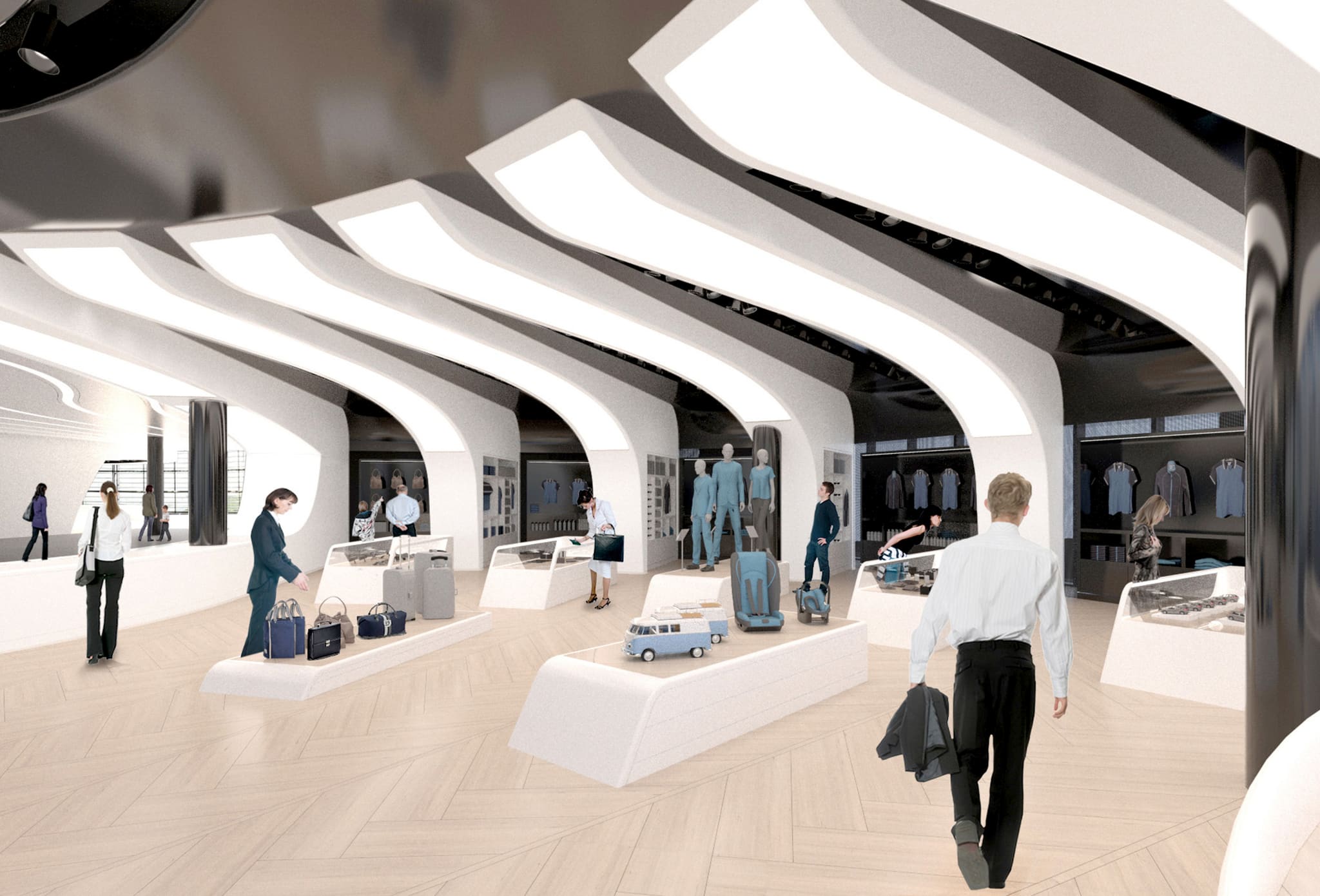 Rendering of a shop with curved luminous ceiling ribbons, herringbone parquet, white plinths holding bags and cases, mannequins