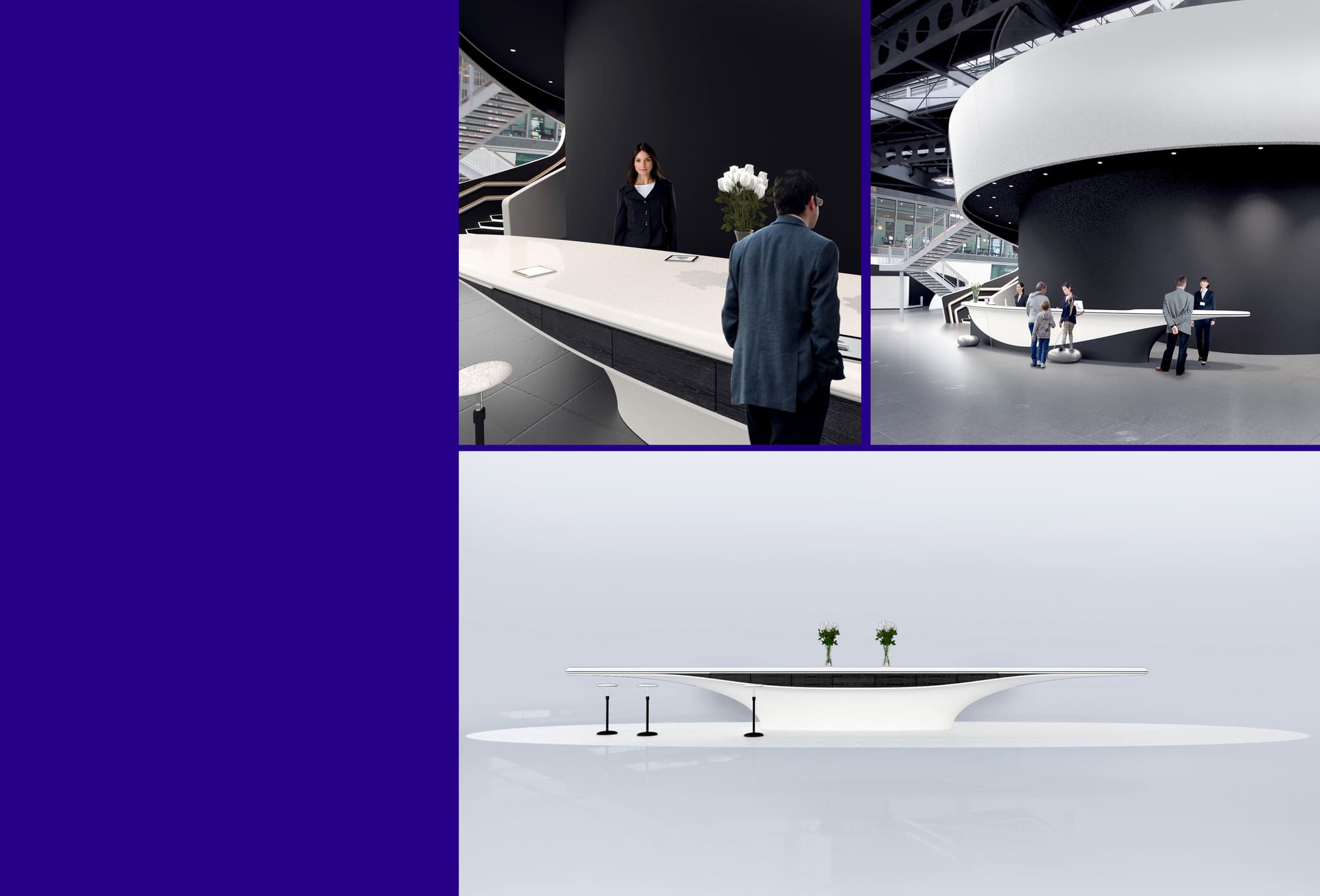 Panel of three renderings of the white reception counter on blue: close view with staff, hall overview, frontal view