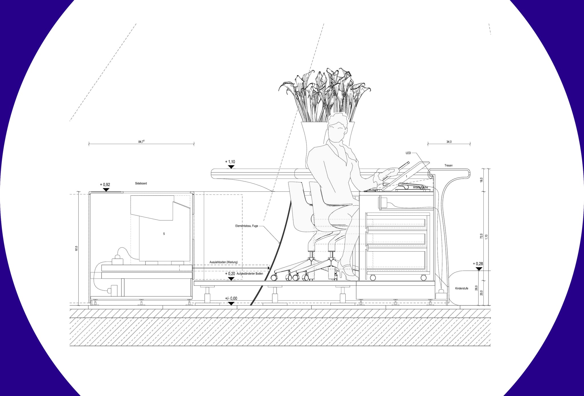 Technical section drawing of a reception counter with seated figure, mobile pedestal, sideboard, raised floor and a vase of flowers