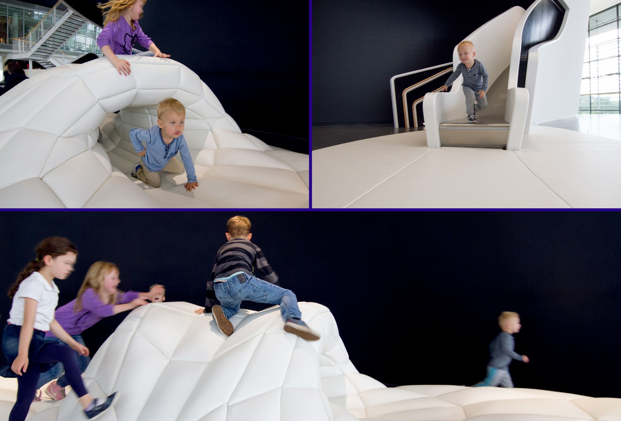 Panel of three photos: children climbing over white padded mounds, a toddler standing on a small slide