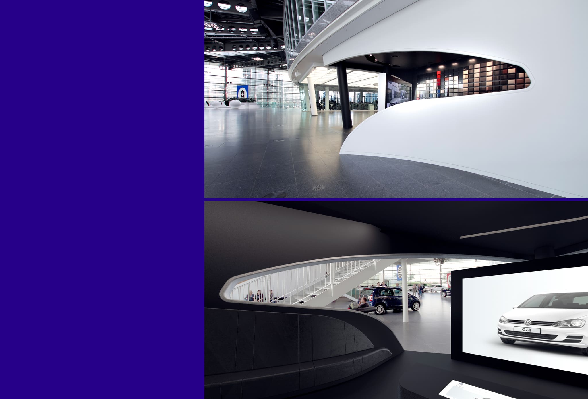 Panel of two photos on blue: white rounded volume with viewing window, and dark interior with a screen