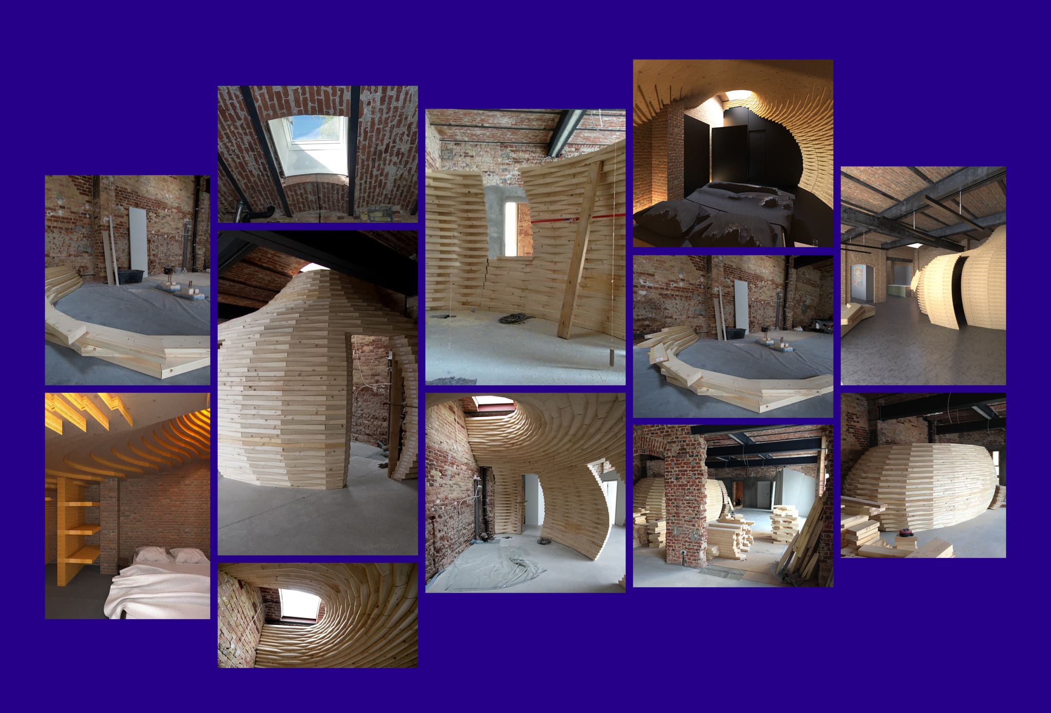 Panel of construction shots and visualisations showing the timber volume, assembly layers, rooflight and bed, on violet ground