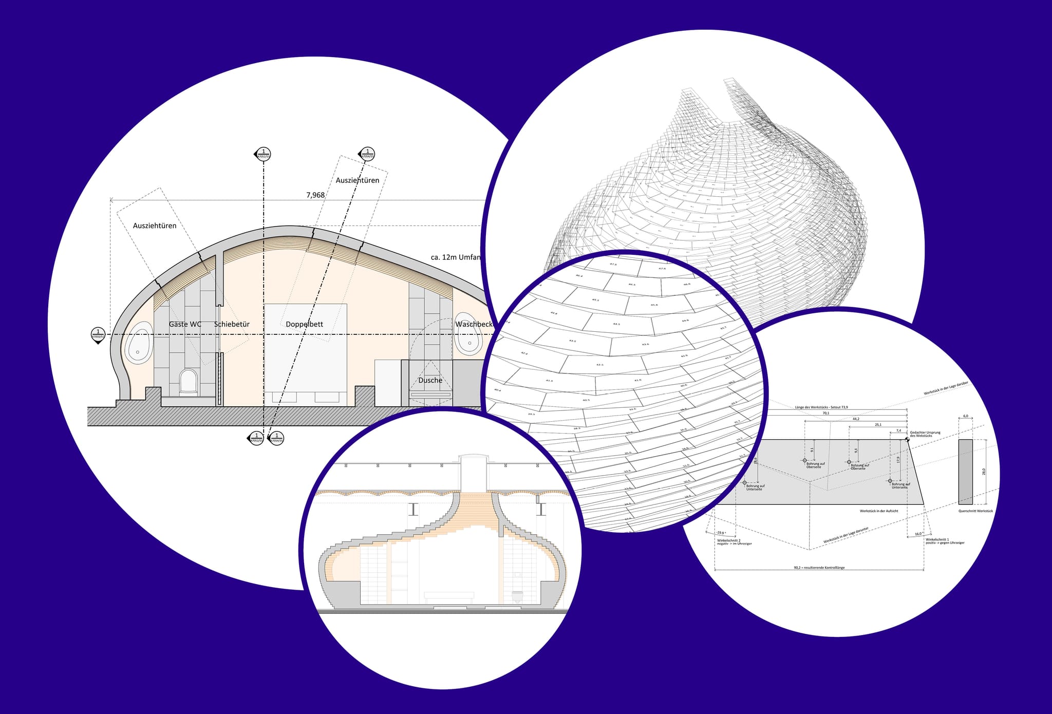 Drawing sheet in round frames: section through the timber volume, wireframe model, board layer plan and component detail