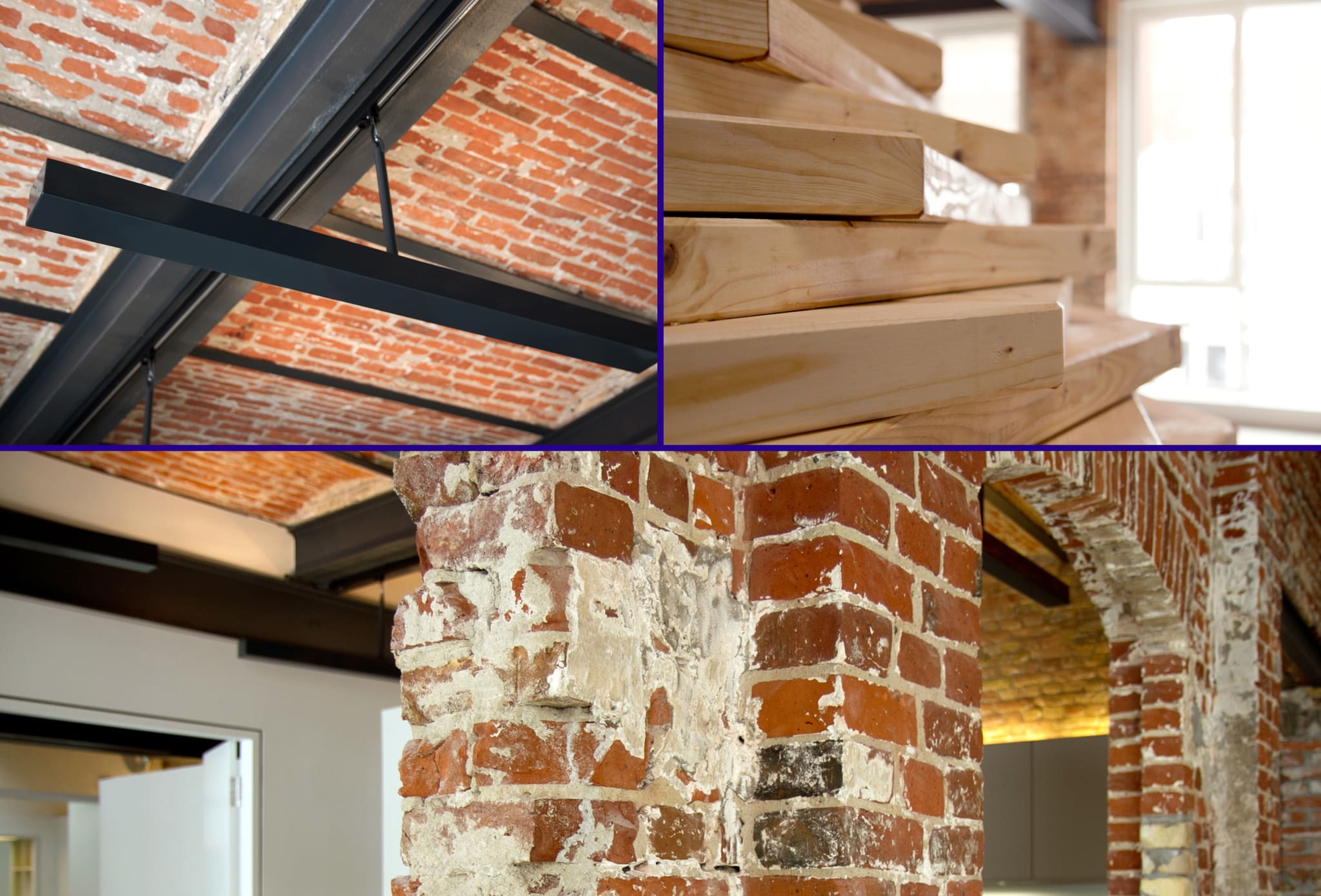 Three-part panel: black linear light fitting under a steel beam, stacked timber boards, freestanding brick pier