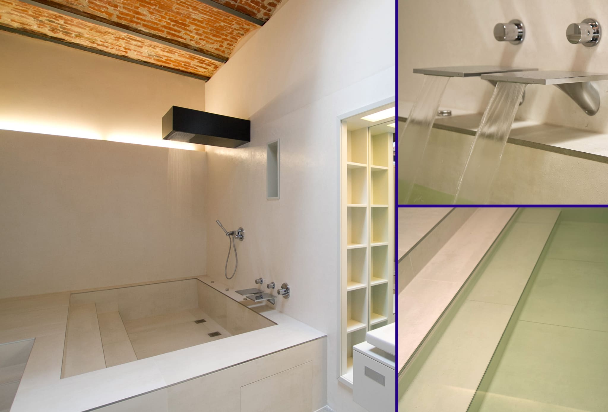 Pale bathroom with floor-level tub, black shower box, indirect light strip, shelved niche, and two details of running water
