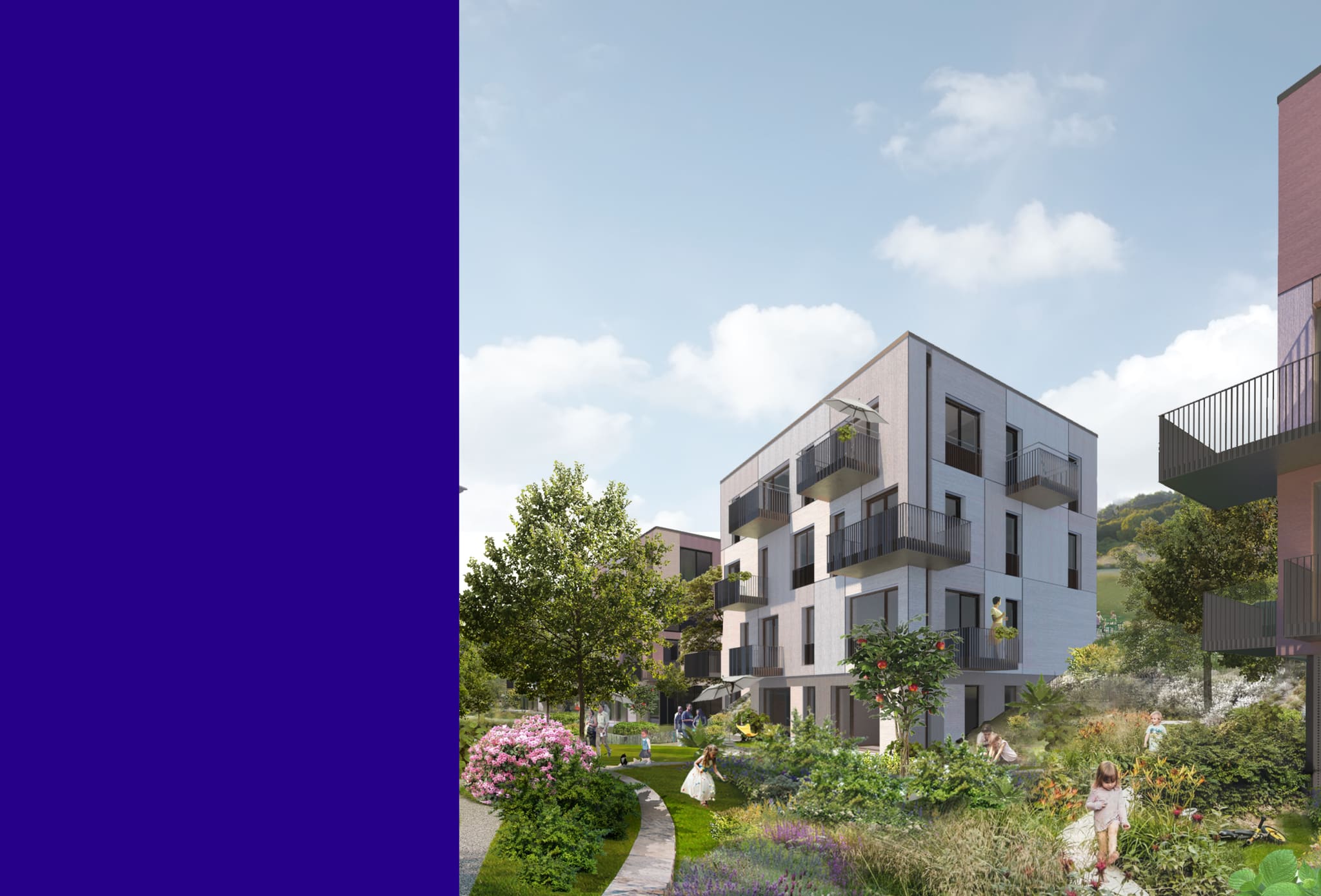 Visualisation of a four-storey residential building with pale façade panels and balconies, densely planted gardens with paths and children playing
