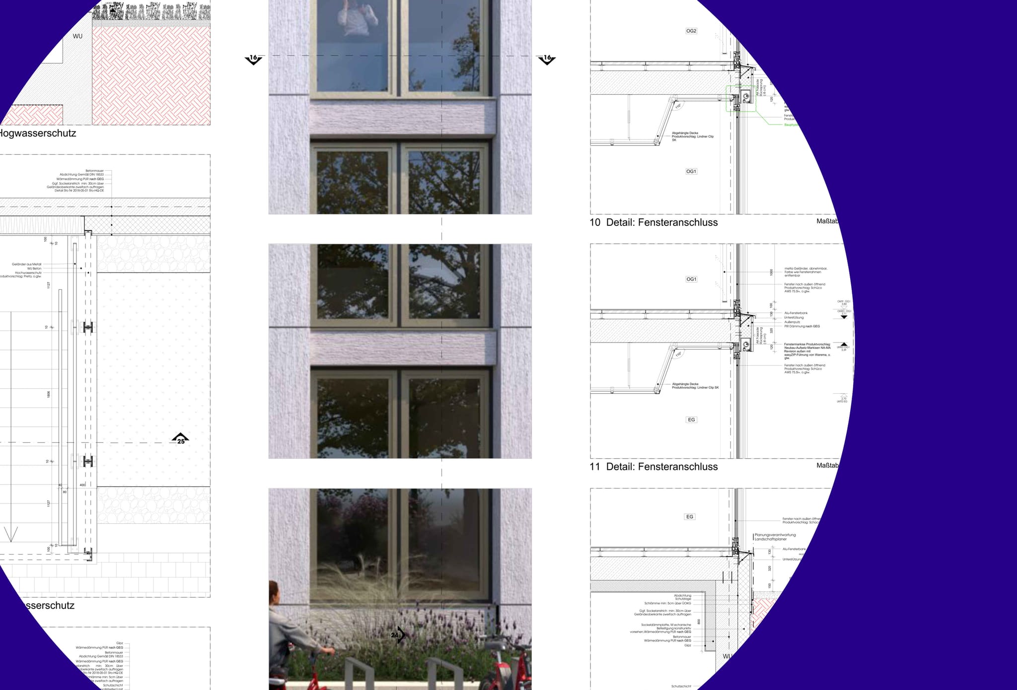 Detail drawings, vertical sections through plinth and window junctions, beside a façade crop of the visualisation with stacked windows