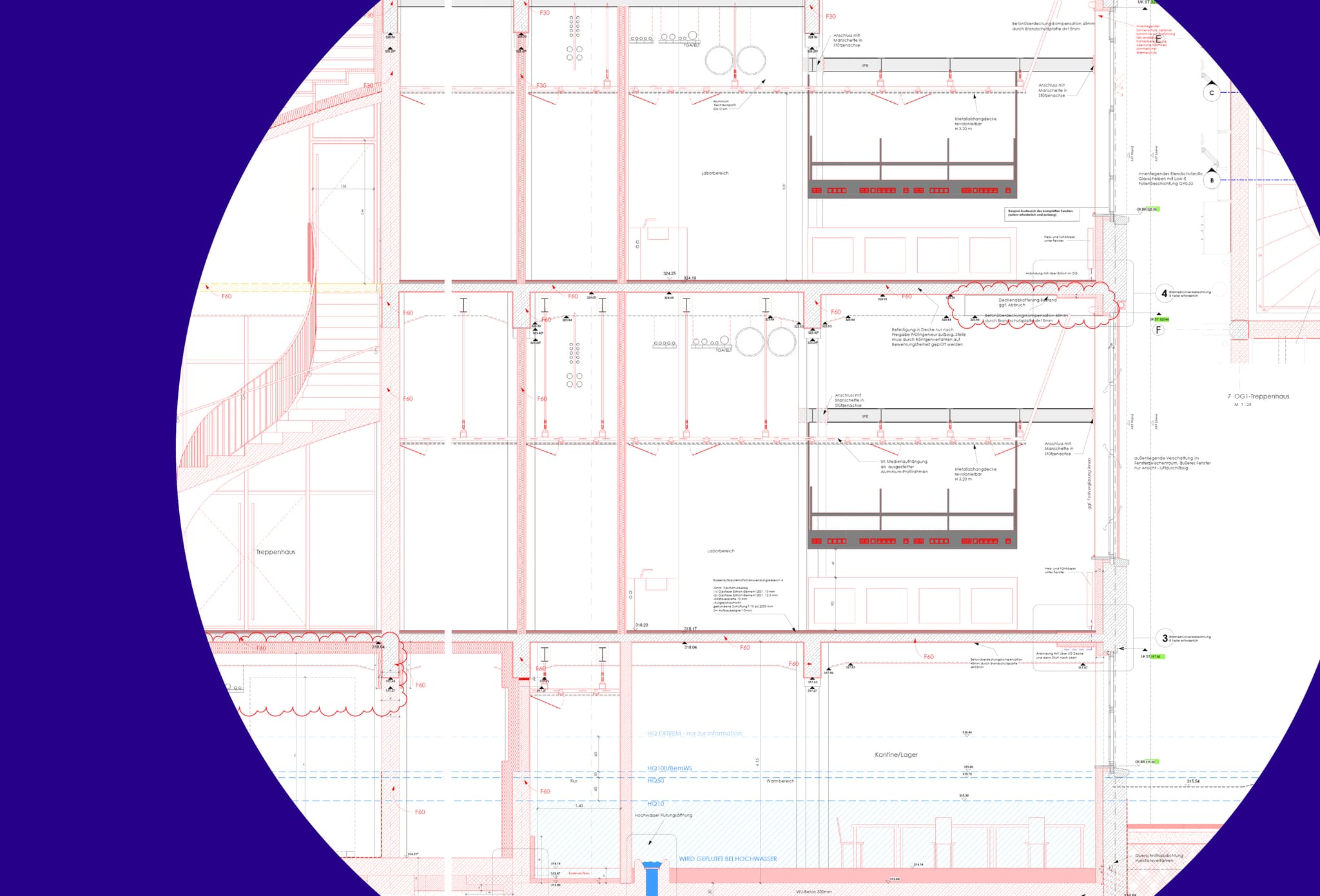 Building section in red with staircase, several laboratory storeys, suspended metal ceilings and flood levels marked in blue below