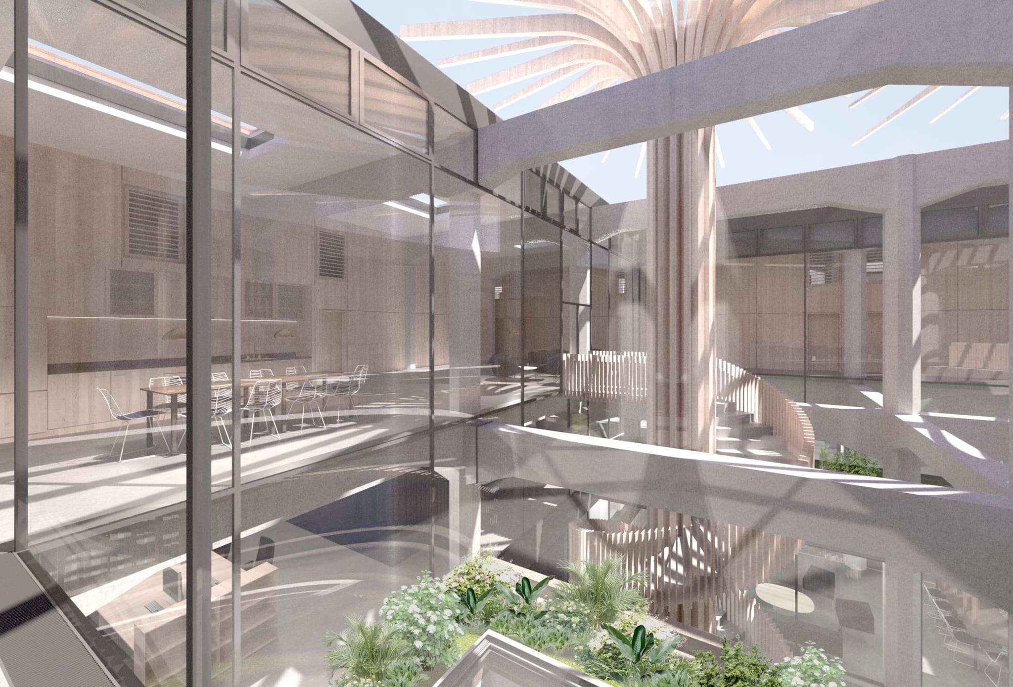 Visualisation of a glazed courtyard with mushroom-shaped column, open roof, bridge, timber slat balustrades and dense tropical planting below