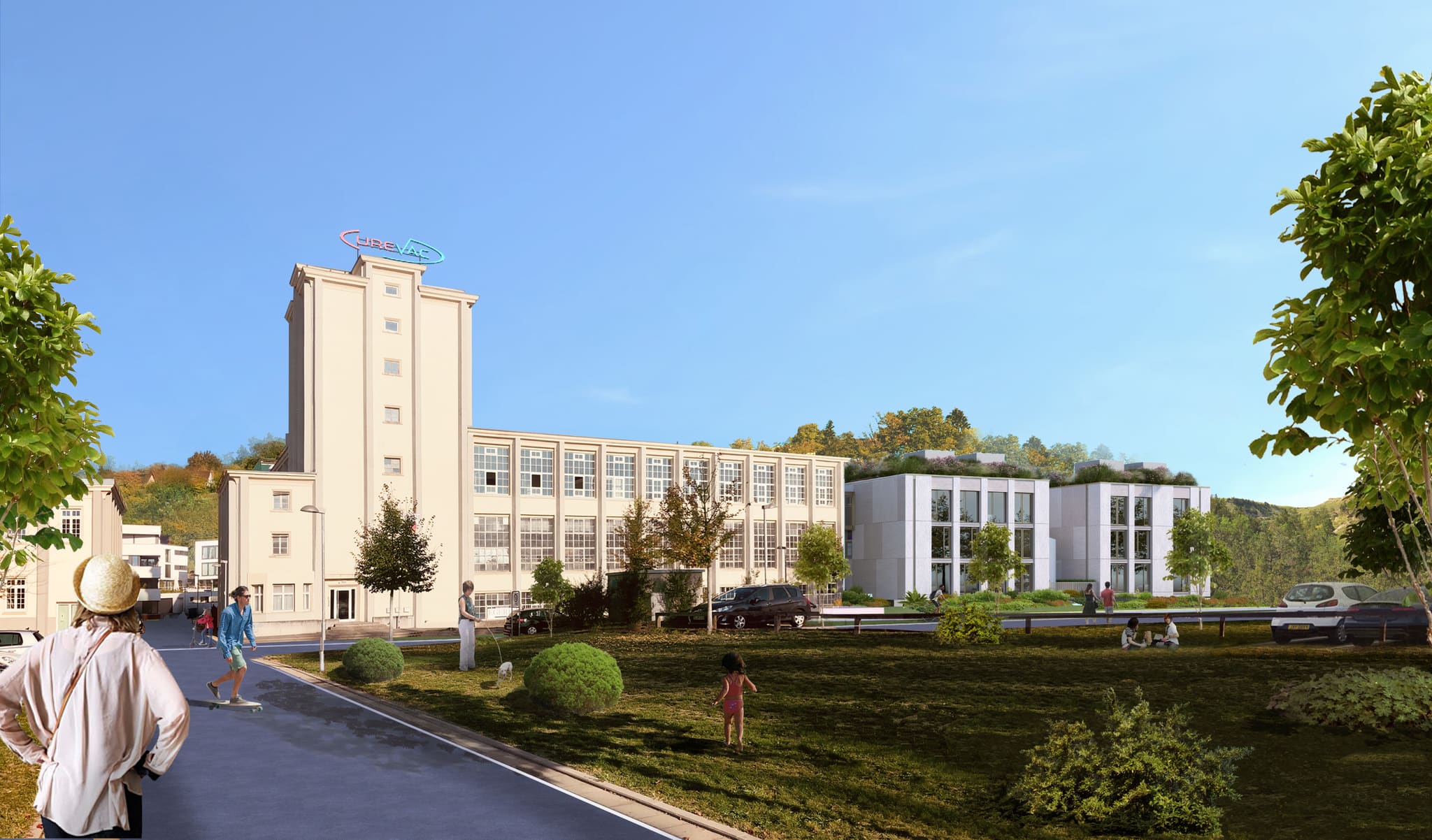 Quarter with the tall Egeria tower and its CureVac lettering, factory building and new buildings