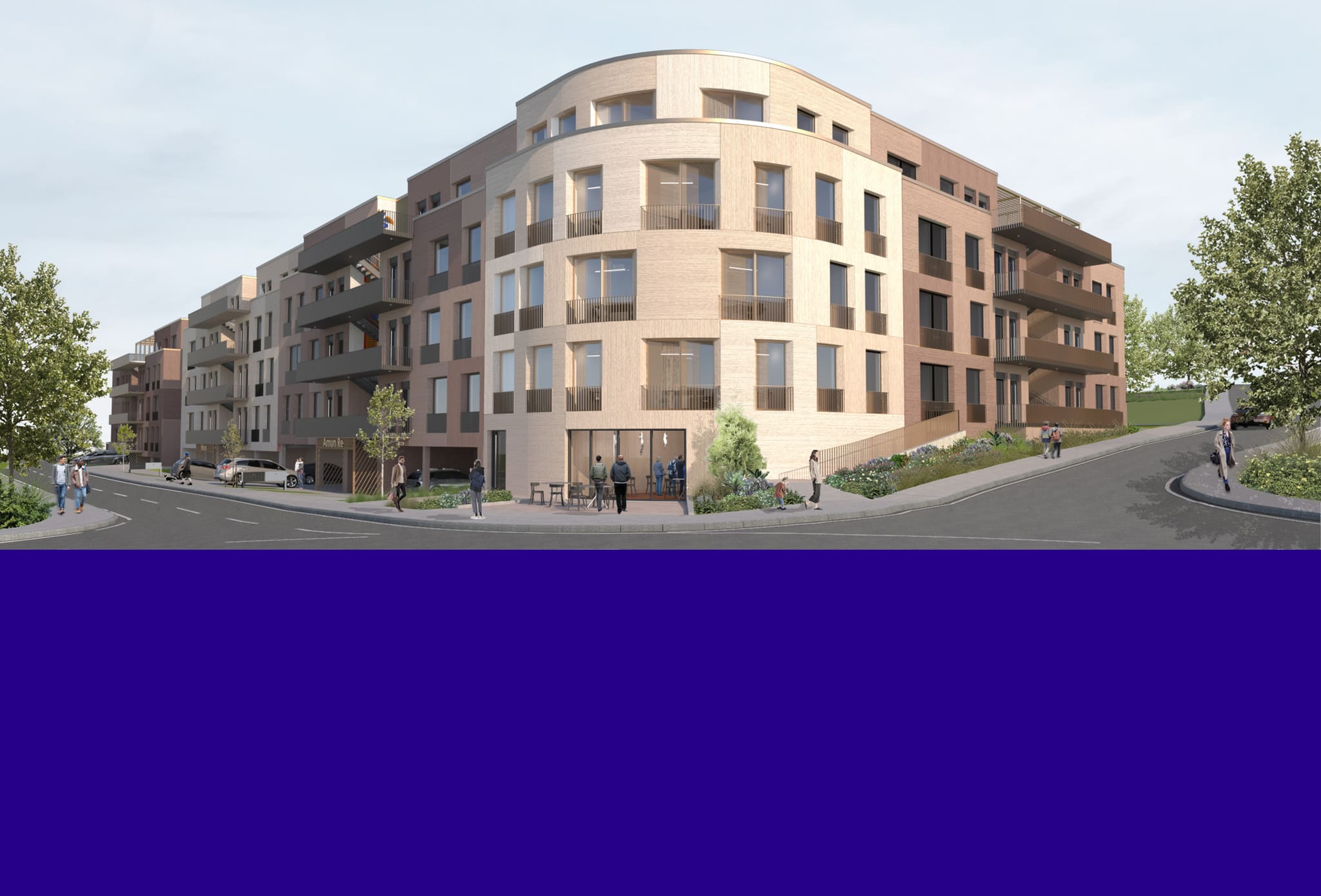 Visualisierung eines Eckgebäudes mit gerundeter Fassade, farblich abgesetzten Putzfeldern, Balkonen mit Stabgeländern und Außenbestuhlung im Erdgeschoss