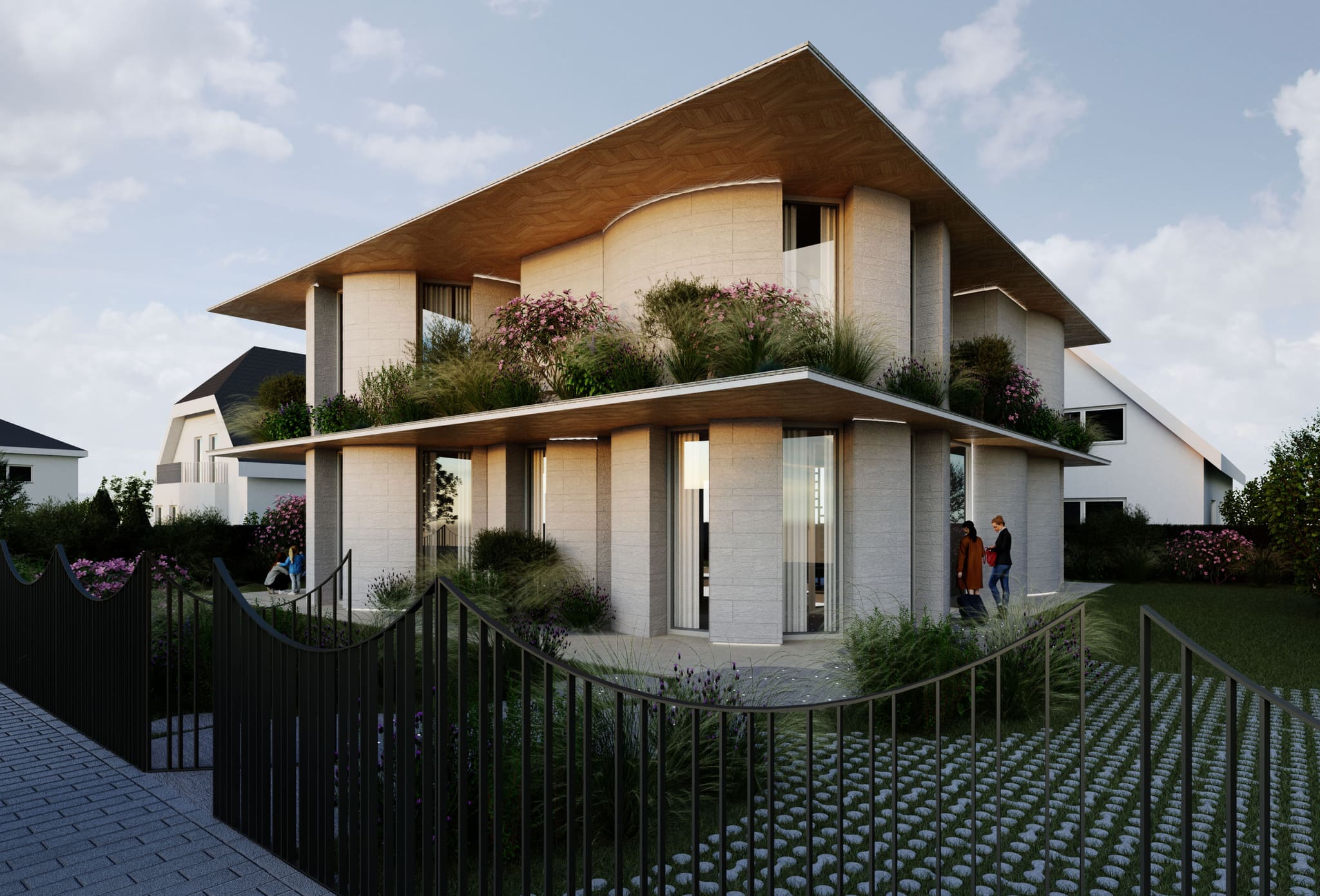 Visualisierung eines zweigeschossigen Wohnhauses mit hellem Steinmauerwerk, schmalen hohen Fenstern, weit auskragendem Dach und bepflanztem Balkon