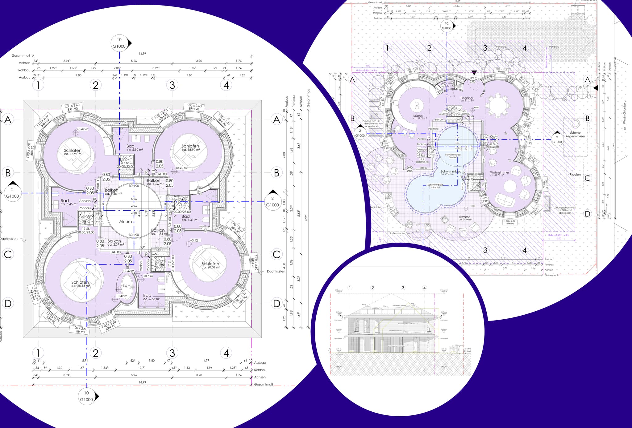 Planblatt mit Obergeschossgrundriss, vier kreisförmigen Schlafzimmern um ein Atrium, Erdgeschossgrundriss mit Pool und einer Gebäudeansicht