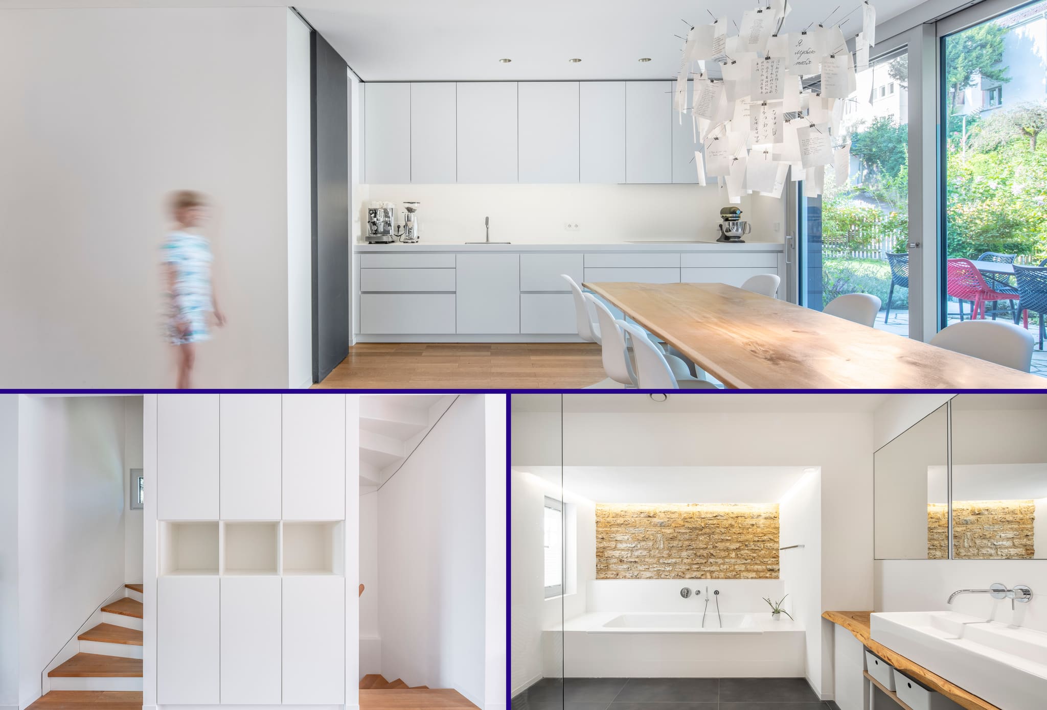 Three-part montage: white kitchen with long timber table, staircase with fitted cupboard, bathroom with backlit stone niche above the bath