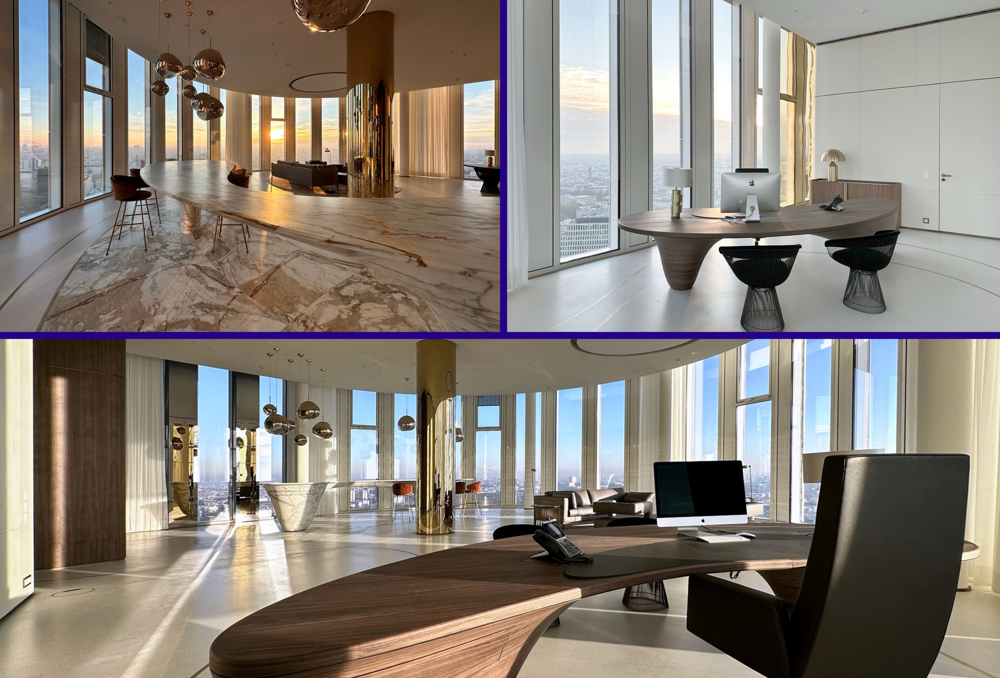 Composite of three interior views: marble counter in evening light, walnut desk at the window, workplace in front of a brass column