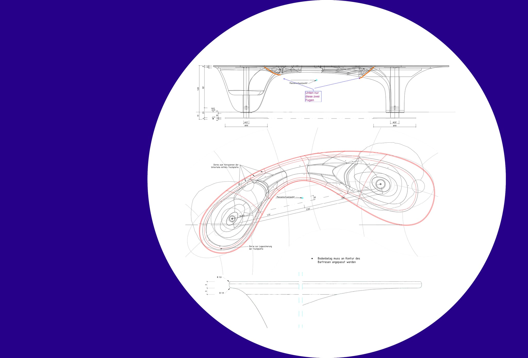 Working drawing of a kidney-shaped counter with elevation, plan and profile section, outlines highlighted in red, with dimensions