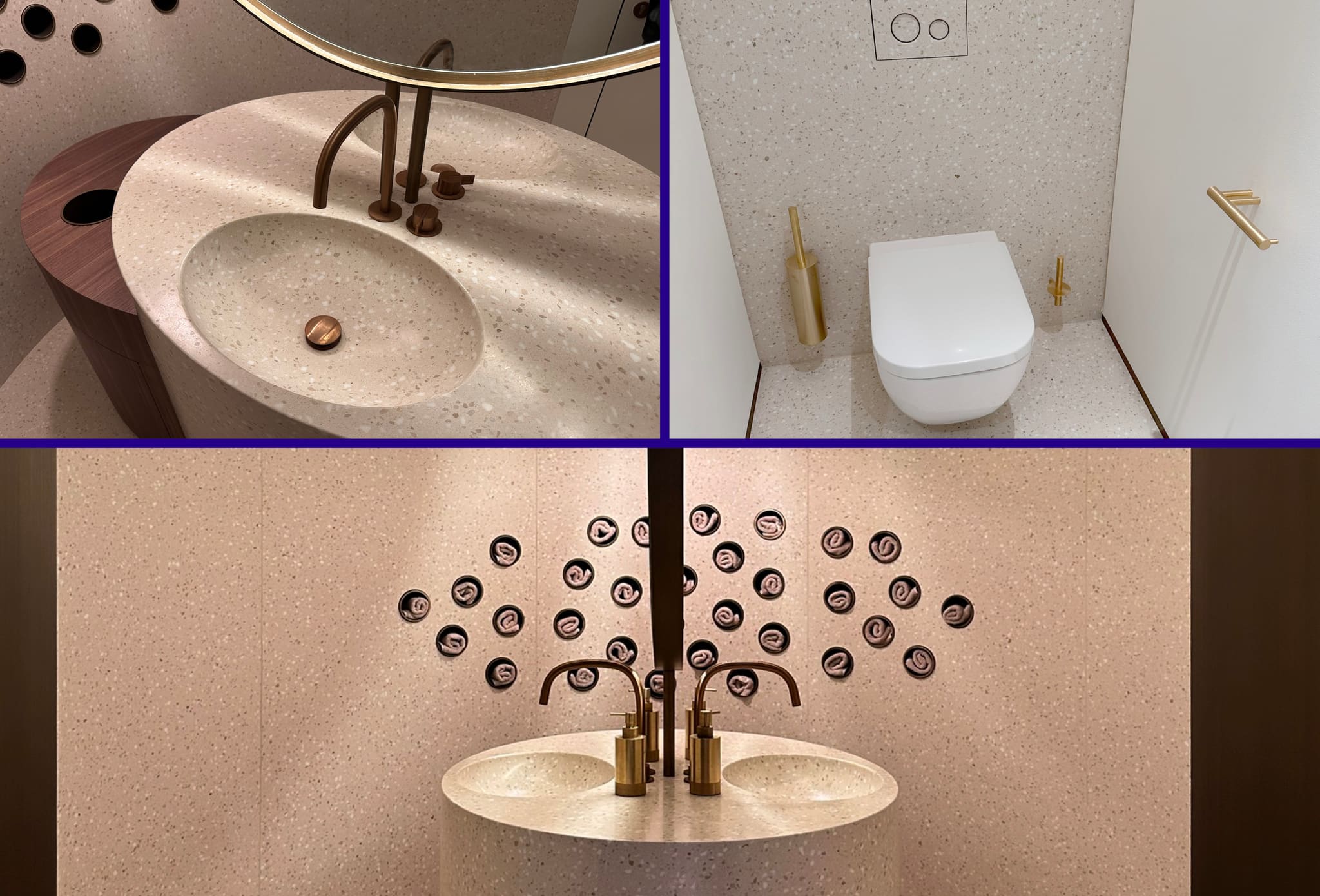 Composite of three shots: terrazzo basin with bronze tap, wall-hung WC in a terrazzo niche, rolled towels in round wall recesses