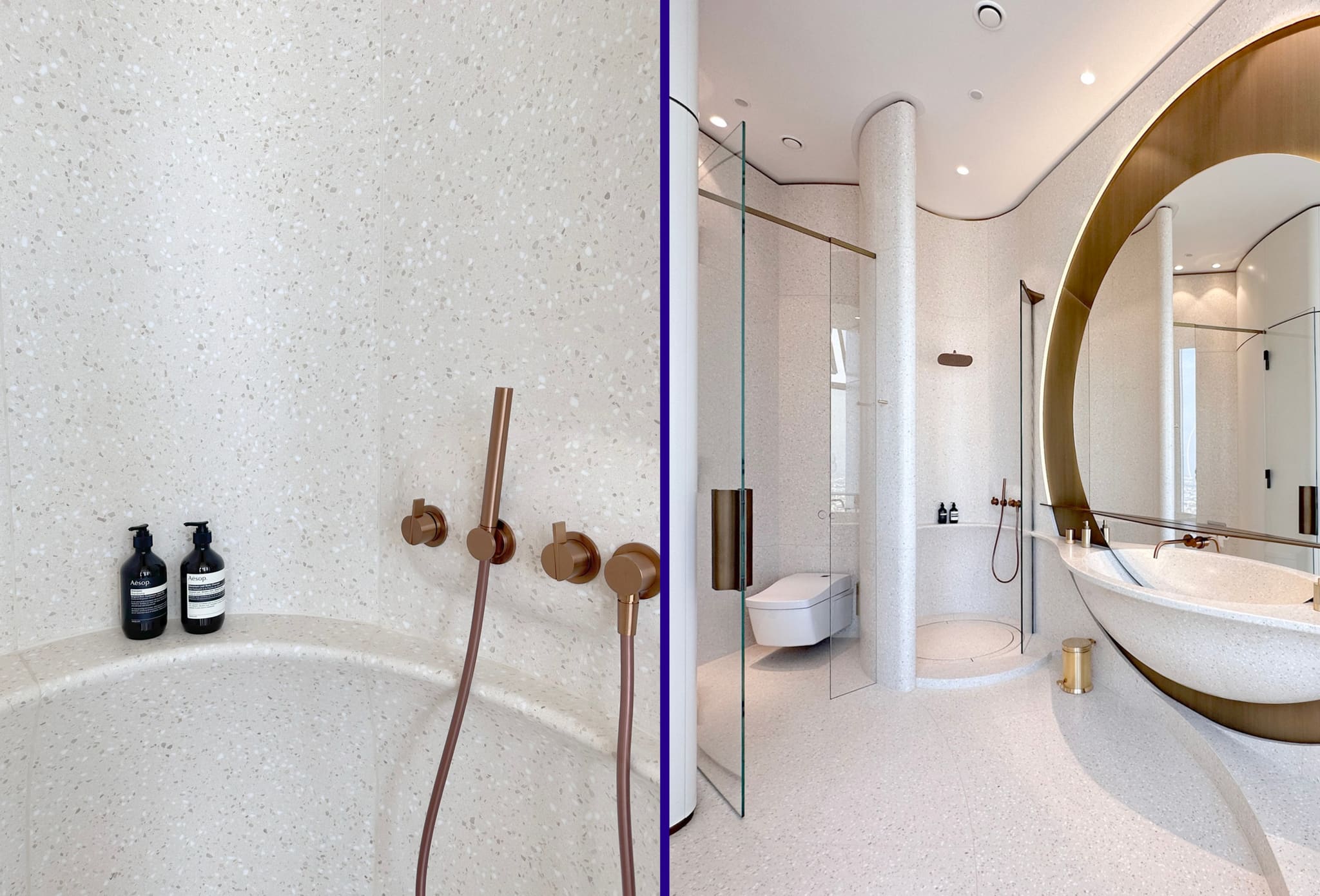 Composite: terrazzo tub with bronze tap and hand shower, alongside a bathroom with round glass shower, WC and lit round mirror