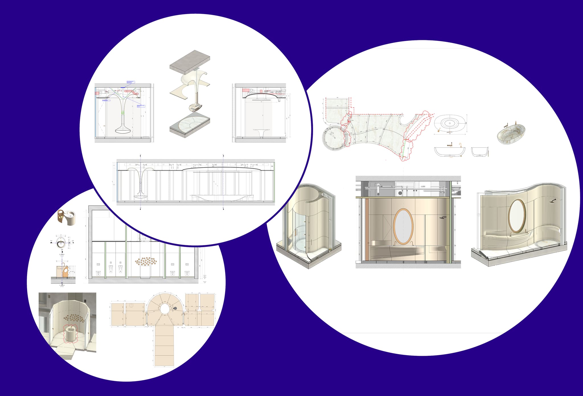 Planning composite with exploded axonometric of a washstand, plans, elevations and coloured 3D models of shower and bathroom wall