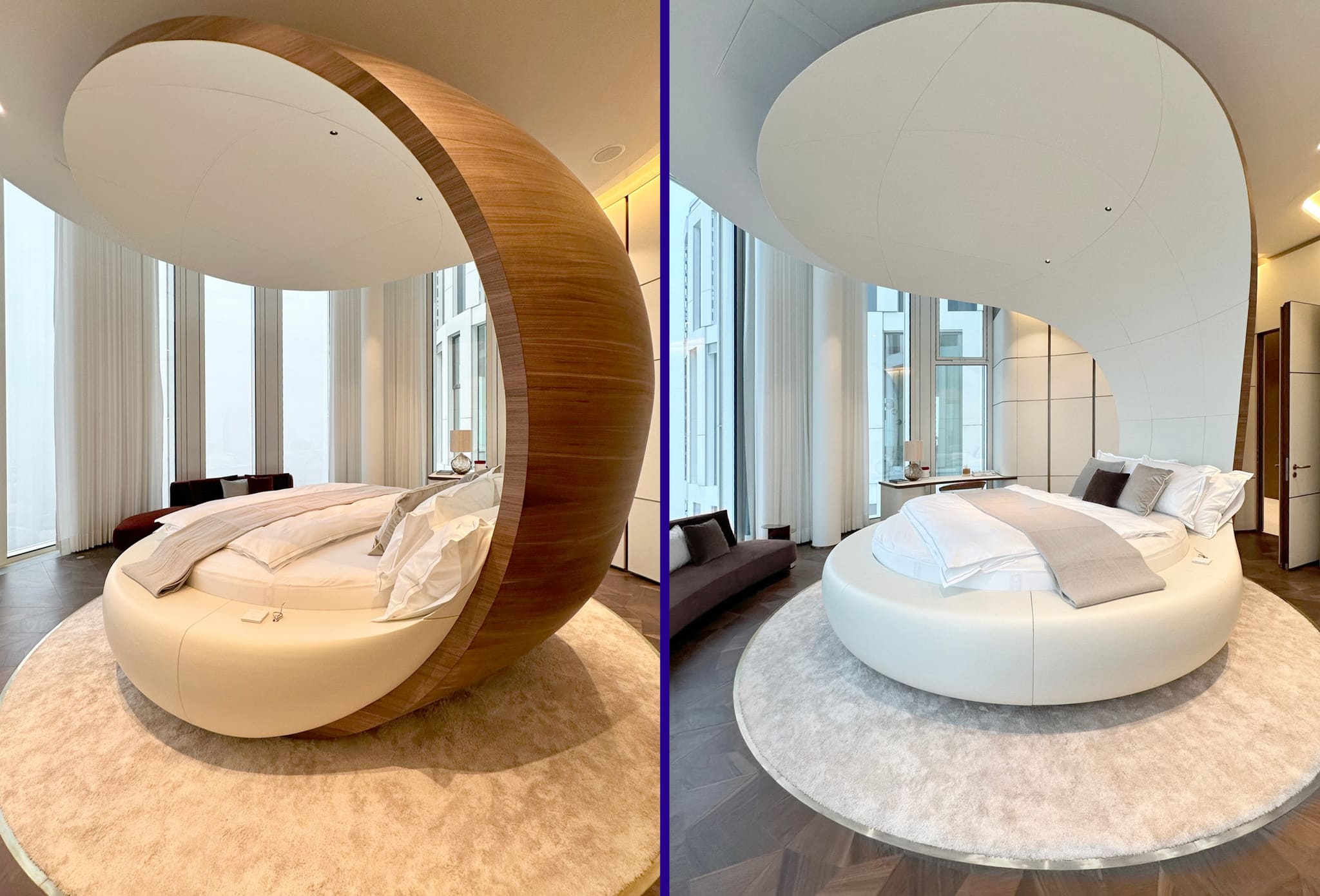 Two views of a round bed with white leather base, enclosed by a shell-shaped walnut surround on a round rug