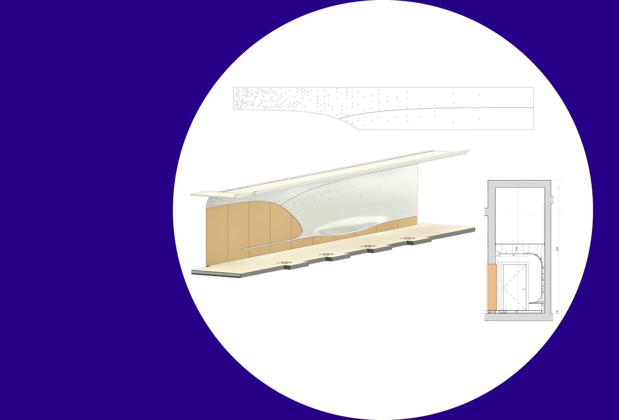 Axonometric of a corridor with timber panelling and a curved acoustic ceiling with light points, alongside reflected ceiling plan and floor plan