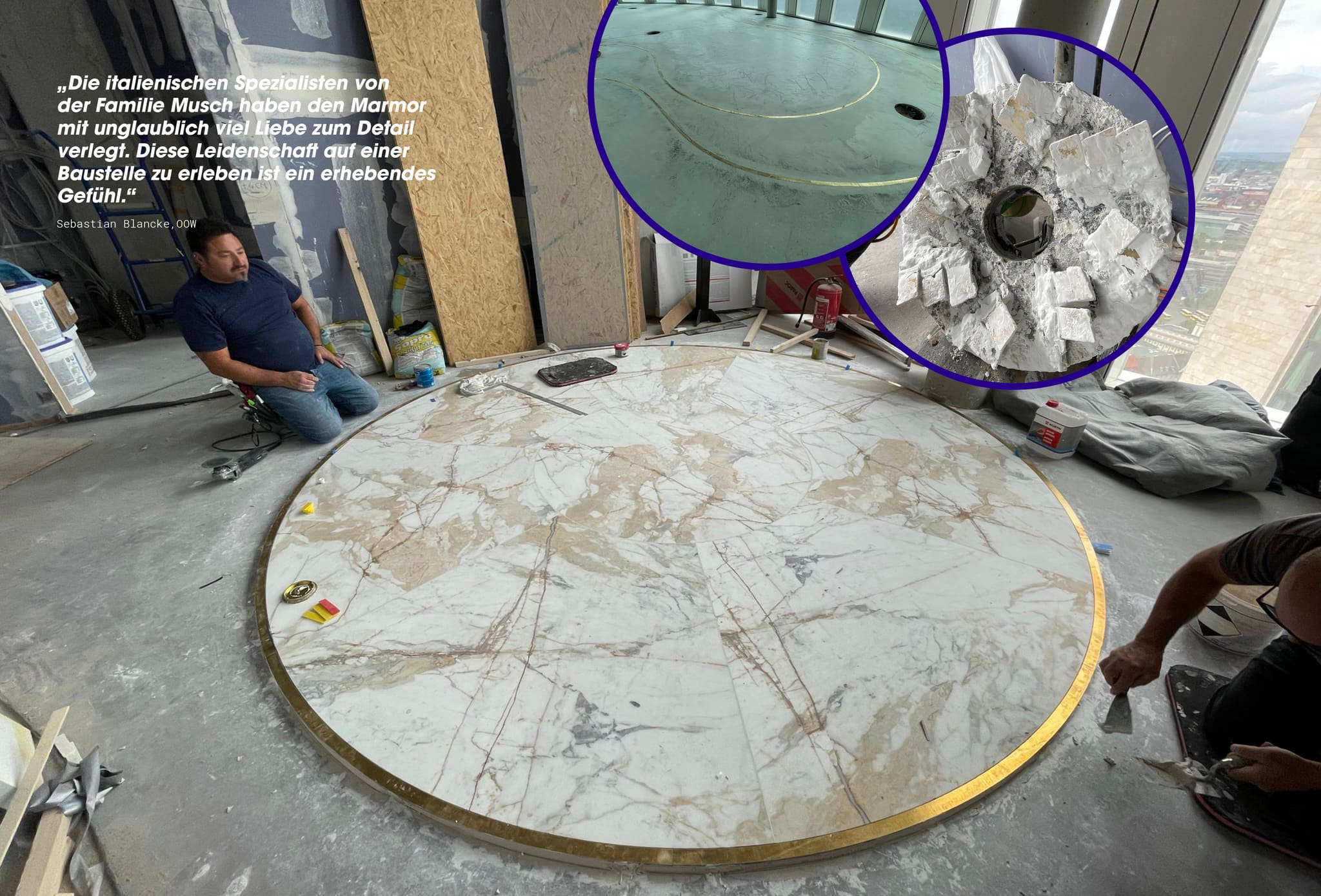 Site photo, large round marble field with brass edge on the raw floor, two workers kneeling beside it, two detail shots inset