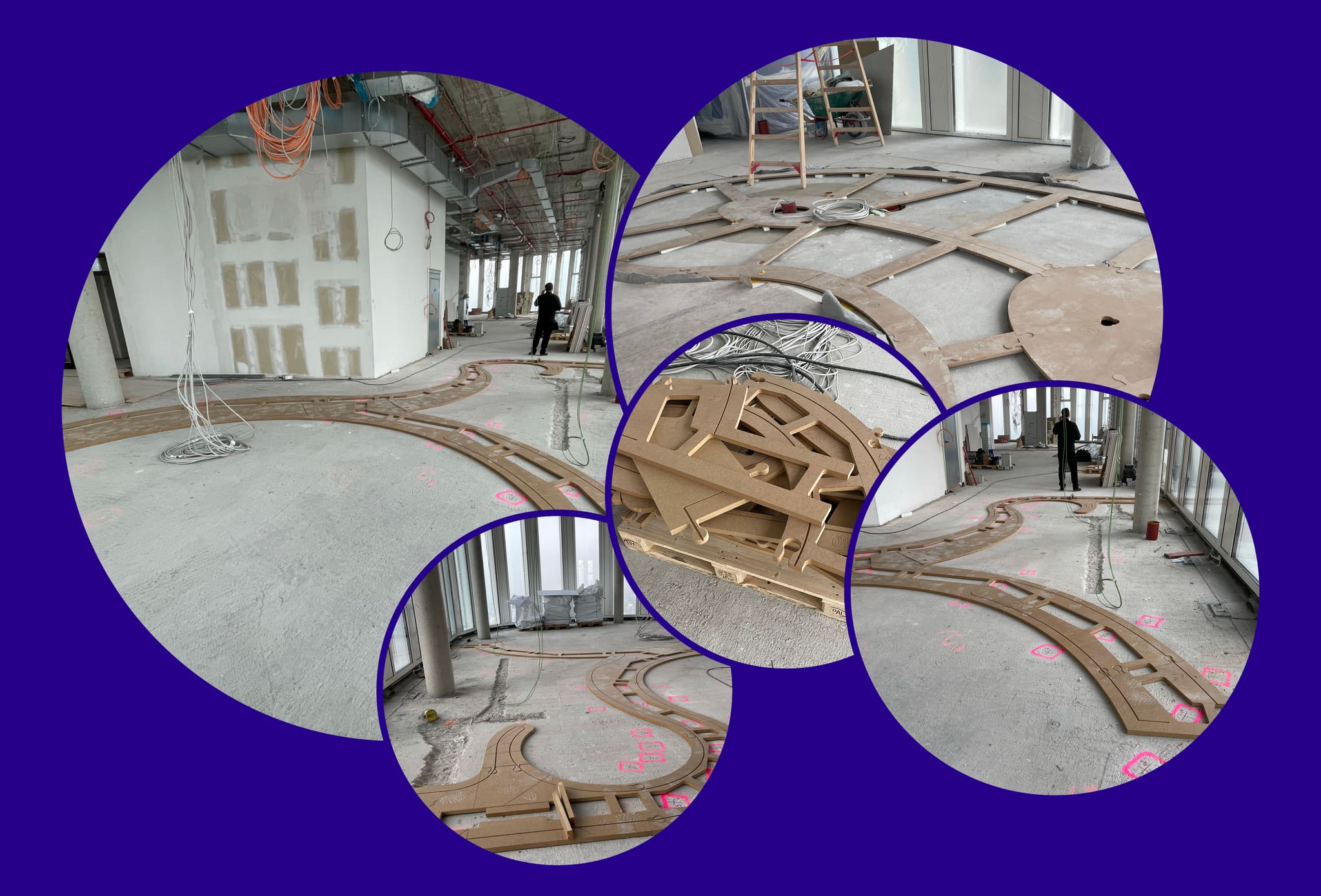 Site composite, timber-board templates on the raw concrete floor with pink markings, stacked cut-outs on a pallet, open shell of the floor