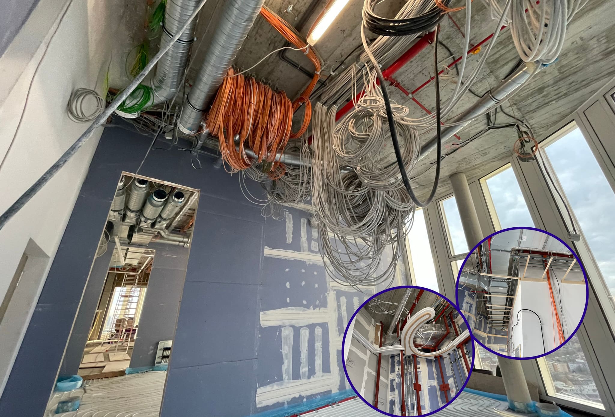 Shell with coiled cable bundles at the concrete ceiling, ventilation ducts, red sprinkler pipes, blue plasterboard and two round detail shots inset