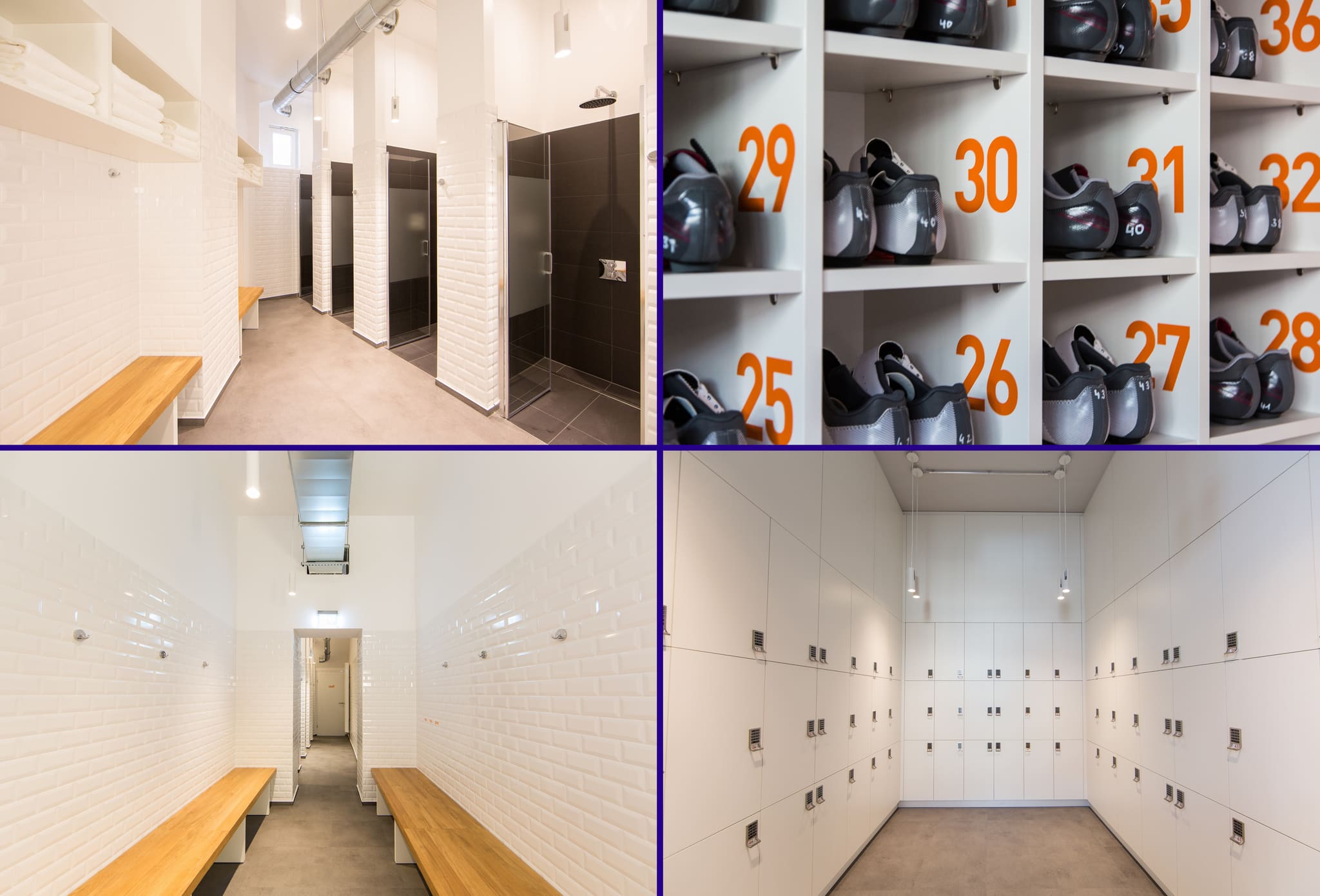 Four-part panel with shower aisle, shelf compartments full of cycling shoes, changing aisle with oak benches and white lockers