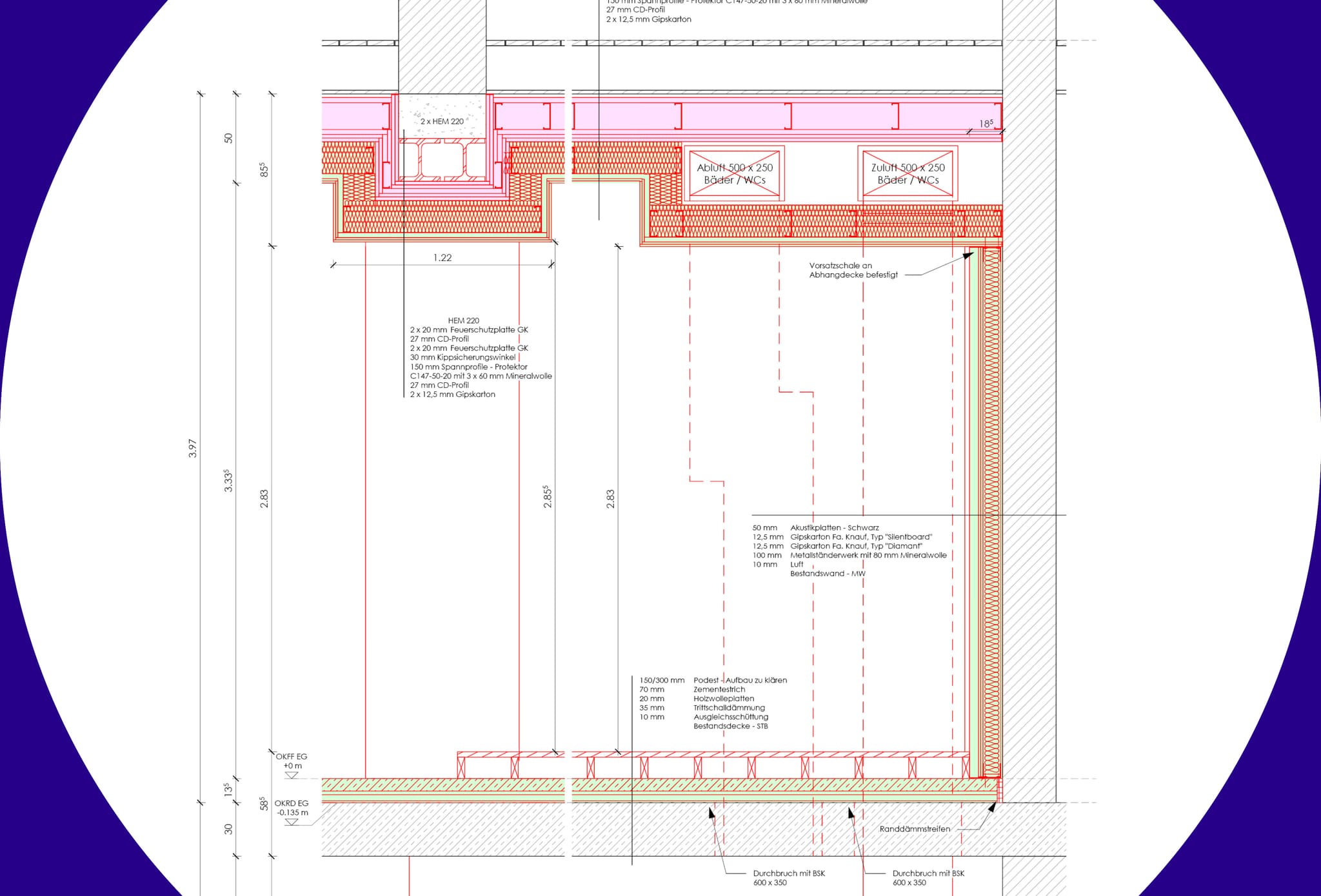 Detail drawing of a wall and ceiling junction with colour-marked layer build-ups, dimensions and ventilation ducts, on violet ground