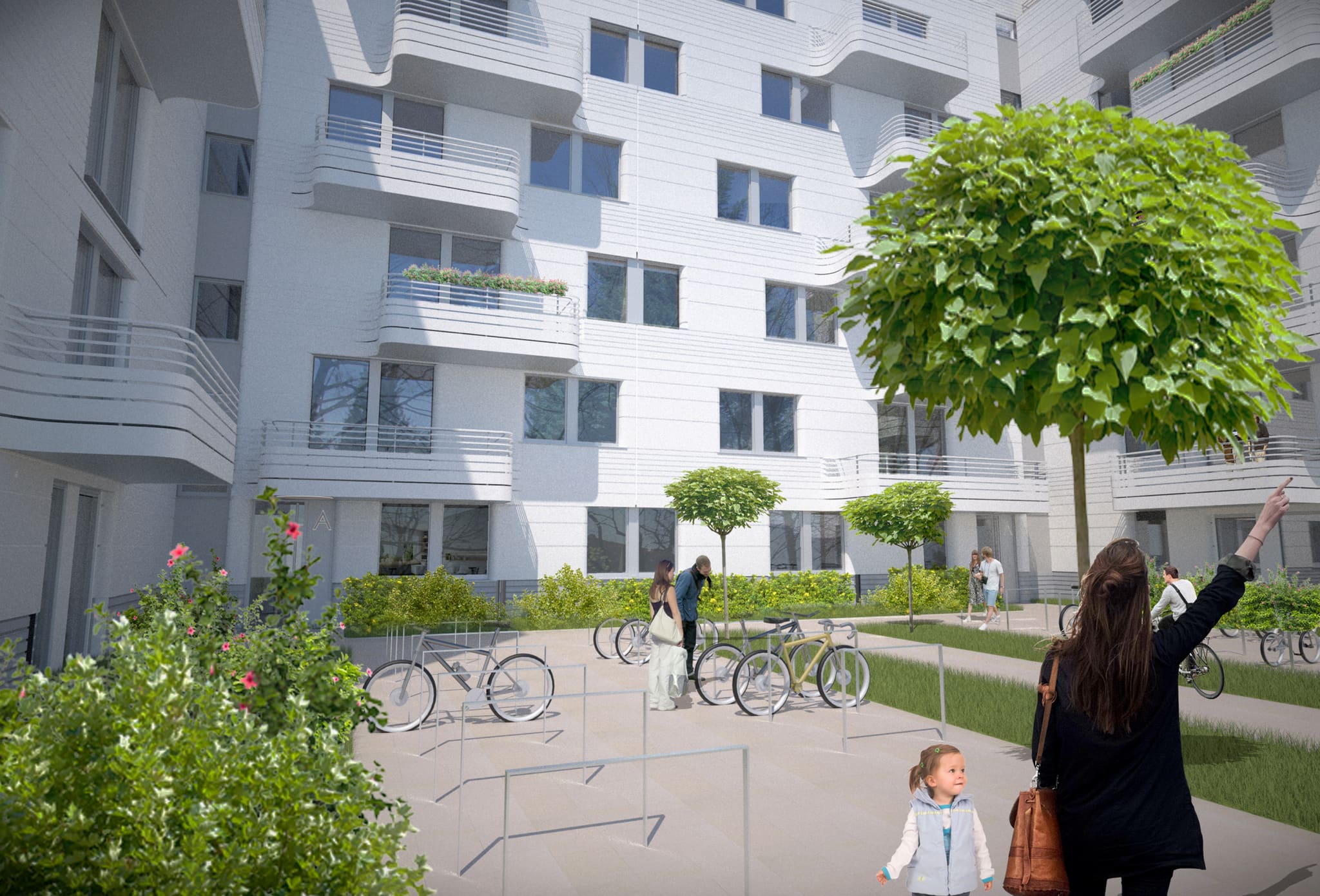 Visualisierung eines begrünten Innenhofs mit Fahrradständern, Kugelbäumen und Hecken vor weißer Putzfassade mit gerundeten Balkonen, mehrere Passanten